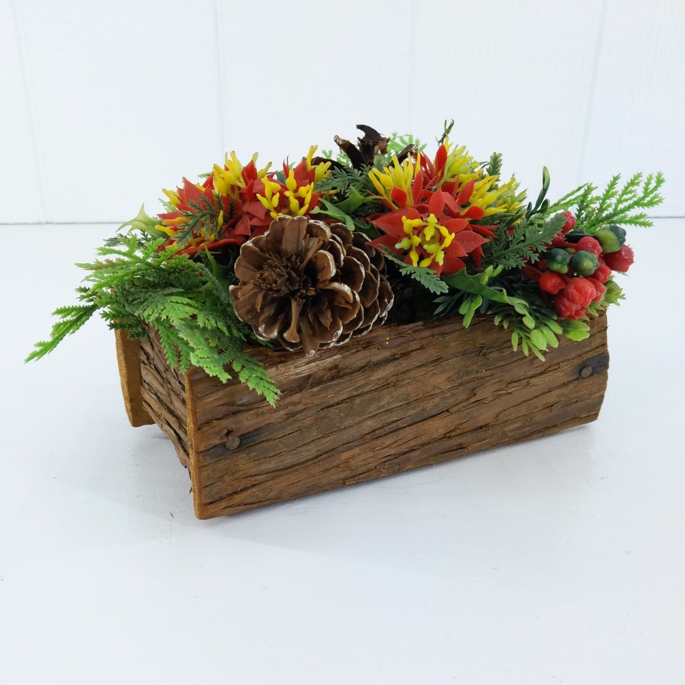vtg‎ Rustic Wooden Log Box Plastic Floral Poinsettia Pinecone Centerpiece Xmas
